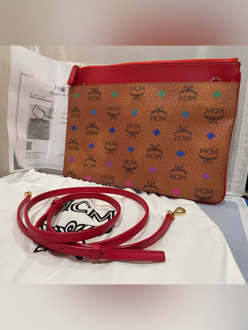 EUC Auth MCM Skyoptic Visetos Spectrum Diamond Cognac Leather Crossbody Purse!!